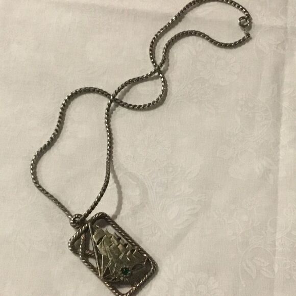 Dark Silvertone Necklace with Ship Pendant - Picture 1 of 4